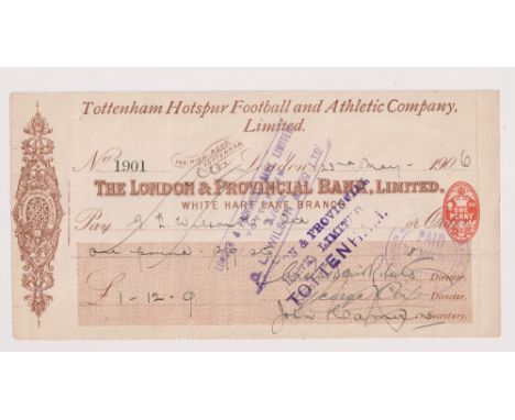 Football memorabilia, Tottenham Hotspur cheque dated 23rd May, 1906 for £1-12-9d made payable to G L Wilson Co Ltd. Has vario