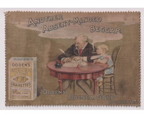 Tobacco advertising, Ogden's, fabric counter display card, man at table with child in blue smoking, Guinea Gold packet inset 
