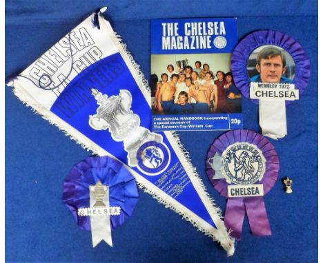 Football, Chelsea, 1970's selection, three different rosettes including one with John Hollins colour image to centre and 'Che