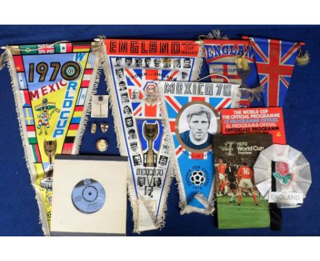 Football, World Cup 1966 &amp; 1970, England selection of items, World Cup Winners pennant 1966, 4 different World Cup 1970 p