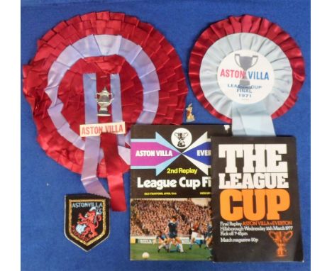 Football, Aston Villa 1960's/70's selection, two giant rosettes, one 30cm diameter with FA Cup to centre, the other 21cm diam