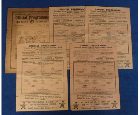 Football programmes, Tottenham Hotspur, 5 home programmes v Manchester City 18th Feb 1922, FAC (torn, v grubby around edges, 