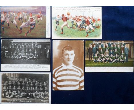 Rugby Union postcards, 6 cards, South African Team 1906 (b/w printed), also colour printed card pu 1907, RP squad group 1012-