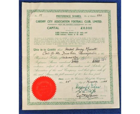 Football memorabilia, Cardiff City share certificate for shares issued to H.H.Merrett, Chairman from 1939-1957. Shares issued