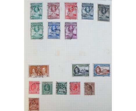Stamps, collection of all world stamps, including Ghana, Eire, Tanzania, Malaysia and New Zealand housed in a vintage maroon 