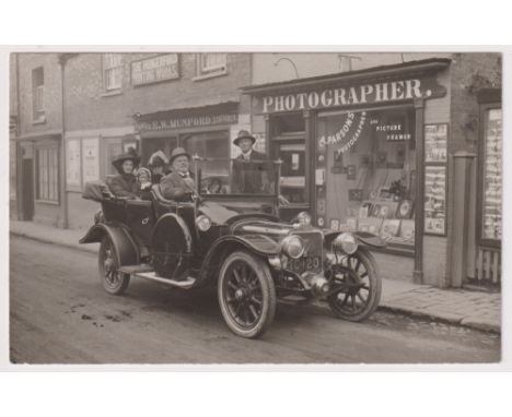 Postcard, Berkshire, RP, motor car &amp; passengers outside Parsons Photographer of Hungerford, note postcard on the wall, pu