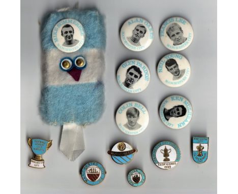 Football, Manchester City, 1960's/70's, a collection of 7 circular tin badges with player portraits to centre, Bell, Lee, Mul