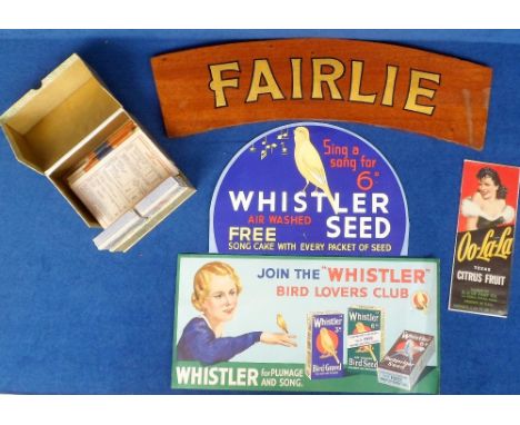 Collectables, wooden nameplate 'Fairlie' from a rowing boat/punt/skiff, 3 vintage box labels to comprise Oh-La-La Citrus Frui