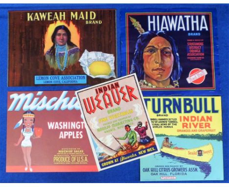 Advertising, 5 vintage fruit and vegetable labels depicting Native American Indians comprising Indian Weaver vegetables, Turn