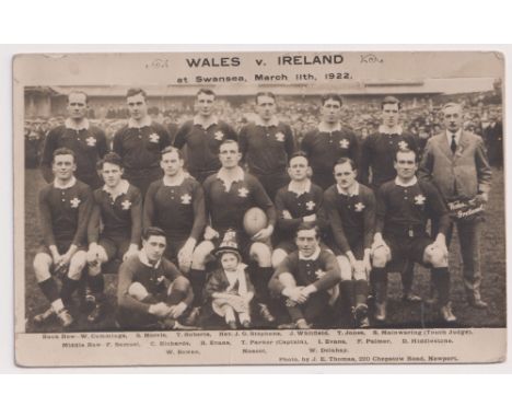 Rugby Union postcard, photographic card showing Welsh team from the Wales v Ireland match at Swansea, 11th March 1922, Wales 