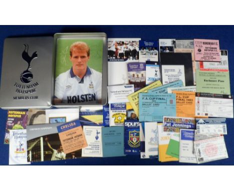 Football, Tottenham Hotspur tin, full of tickets, fixture cards 70s onwards, ballot cards, Season ticket pass for the old enc