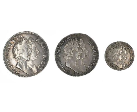 William and Mary Maundy silver coins to include 1690 Fourpence, Threepence and Penny, First conjoined busts r. R. Crowned val
