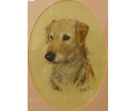 Mrs N.K. Gimson, oval portrait of a dog, pastel, 35 x 25cms, framed 