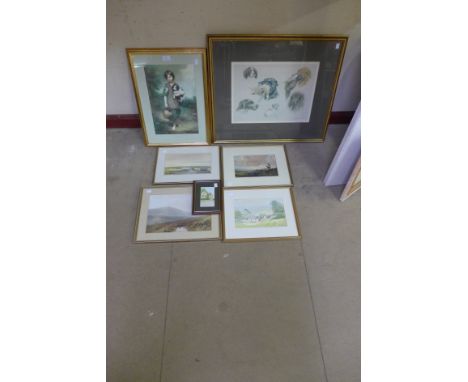 A signed Ros Goody limited edition print of dogs, another print and assorted watercolours (6) 