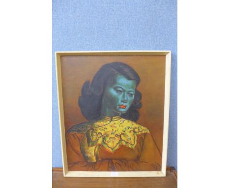 A. Pawley, female half portrait in the manner of Tretchikoff, The Green Lady, oil on board, 59cms x 49cms, framed 