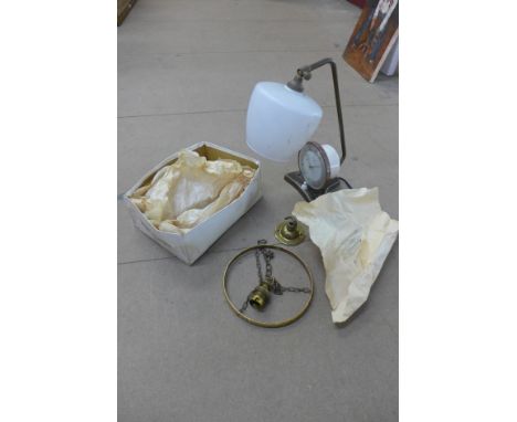 A Pifco Timeside lamp/clock combination and a hanging pendant light fitting with crystal drops 