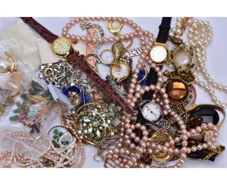 A BAG OF COSTUME JEWELLERY, with items to include an opal set yellow metal pendant, stamped 585, a four strand cultured pearl