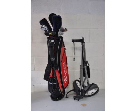 A BENROSS GOLF BAG, CLUBS AND A TROLLEY including  MD Golf, Howson, Golden Bear, etc