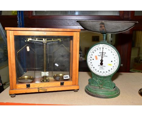 A CASED SET OF PHILIP HARRIS LIMITED OF BIRMINGHAM SCIENTIFIC SCALES, case width 39.5cm, together with a set of Salter's Impr