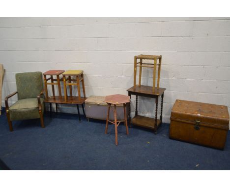 A QUANTITY OF OCCASIONAL FURNITURE, to include a tin trunk, 1940's fire side chair, coffee table, two occasional tables, mirr