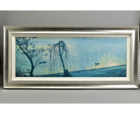 ROLF HARRIS (AUSTRALIAN 1930) 'MIST ON THE THAMES', a limited edition print on canvas of trees and ducks on the Thames, 18/19