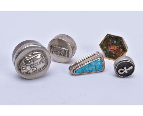 FIVE ASSORTED WHITE METAL PILL BOXES, various sizes and designs to include a coloured enamel, a scarab beetle and other Mexic