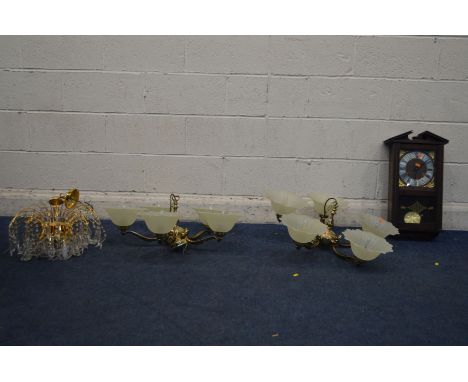 A PAIR OF MODERN BRASSED FIVE BRANCH CEILING LIGHTS, together with another ceiling light and a modern mahogany wall clock (4)