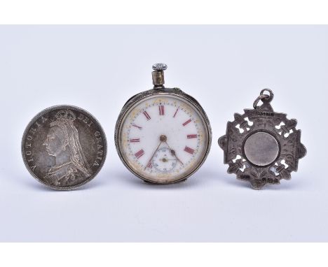 A POCKET WATCH, FOB AND COIN, the silver pocket watch, white dial, red enamel roman numerals, seconds subsidiary dial at the 