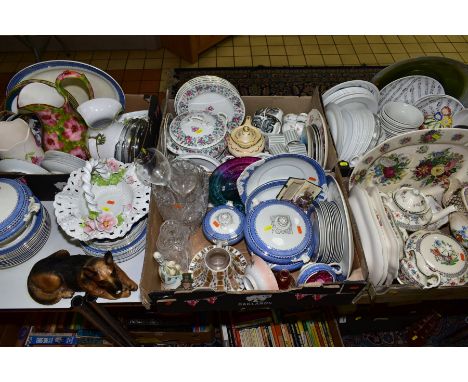 FIVE BOXES AND LOOSE CERAMICS GLASS ETC, to include Copeland Spode 'Chinese Rose' part dinnerwares (two tureens, teapot (chip