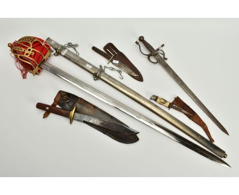 FIVE BLADED WEAPONS, short sword/dagger, steel ornate hand guard, blade engraved with Toledo Possibly Spanish blade, approxim