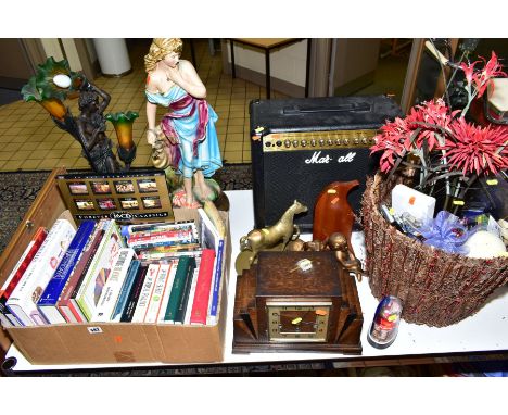 A BOX AND LOOSE SUNDRY ITEMS, to include a Deco style table lamp (sd), a chalk figurine, height 67cm (paint flecks), a Marsha