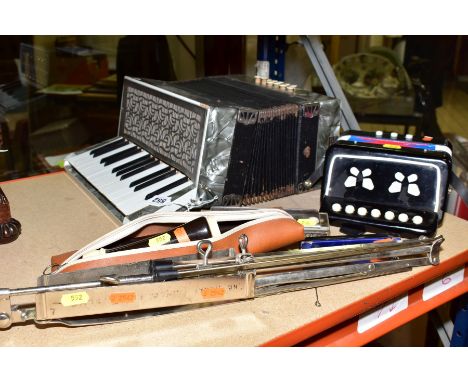 AN ALVARI ACCORDIAN TWELVE BUTTONS, width 34cm, together with a child's accordian, a folding music stand, a Golden Melody (Ch