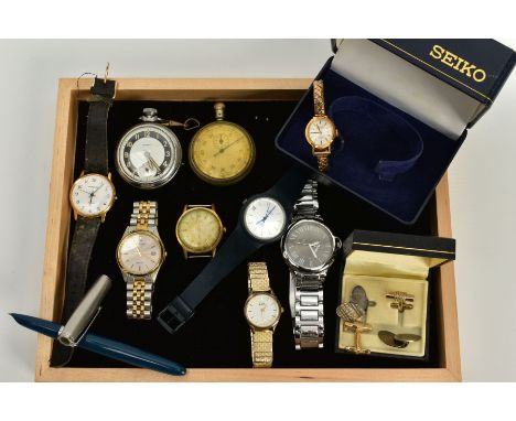 A SELECTION OF WRISTWATCHES AND CUFFLINKS, to include six wristwatches such as a gentleman's citizen watch, silver dial, bato