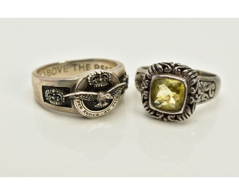 TWO GENTLEMENS WHITE METAL RINGS, the first with an R.A.F emblem and black enamel, stamped 925, ring size W, together with a 