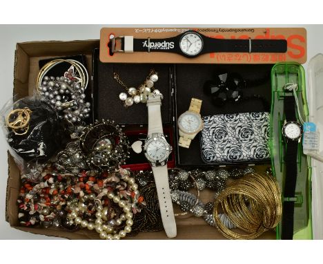 A SELECTION OF COSTUME JEWELLERY AND ITEMS, to include four wristwatches such as a Superdry watch, white dial, Arabic numeral