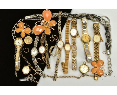 A SELECTION OF WRISTWATCHES AND COSTUME JEWELLERY, to include eight lady's wristwatches with names such as Rotary, Sekonda, L