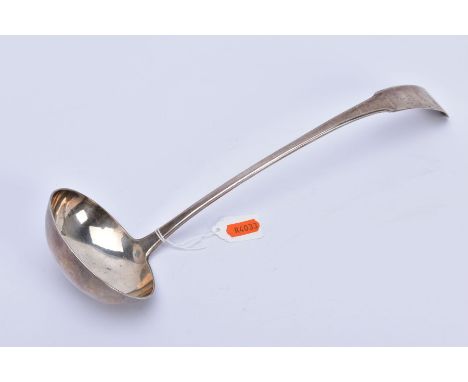 A GEORGE III SCOTTISH SILVER FIDDLE PATTERN SOUP LADLE, engraved initials, maker George Fenwick, Edinburgh 1816, 6.77ozt, 210