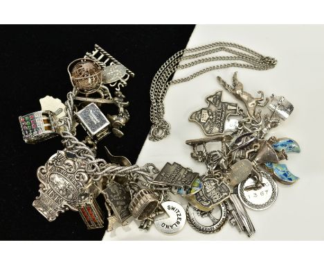 A SILVER CHARM BRACELET, the double link bracelet, suspending thirty-three charms such as a pair of blue enamel clogs, cheese
