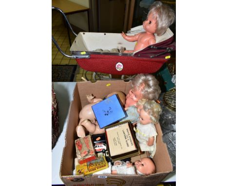 A BOX OF VINTAGE TOYS AND DOLLS INCLUDING A BOXED GREEN SCHUCO TELESTEERING CAR 3000, three wheels off but in box, complete w