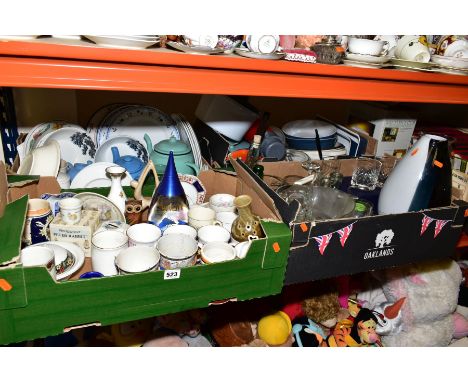 FOUR BOXES AND LOOSE CERAMICS, GLASS AND SUNDRIES ETC, to include Wedgwood Peter Rabbit money box, Miss Tiggy Winkle plate, R