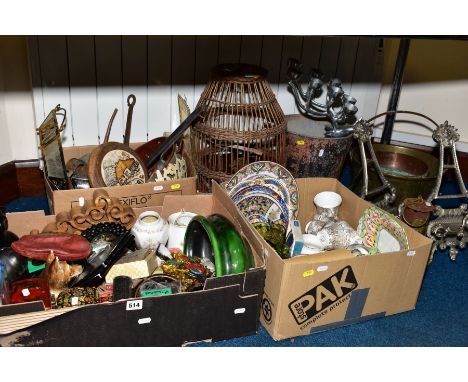 THREE BOXES AND LOOSE SUNDRY ITEMS, to include an Eccles Miners safety lamp, brass jam pan, copper and brass wares, a pair of