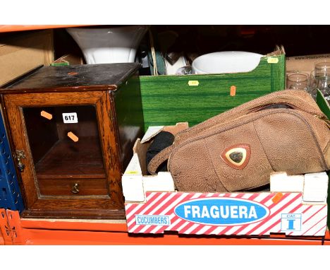 AN EDWARDIAN OAK AND PINE SMOKERS CABINET AND TWO BOXES OF MISCELLANEOUS ITEMS, including a pair of gents Stylo size 10 crown