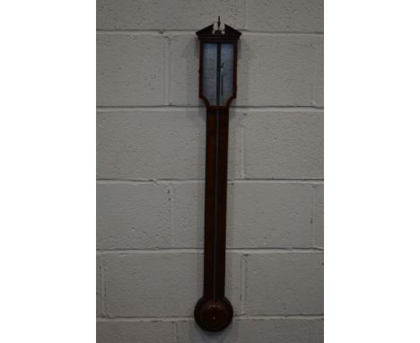 P GALLY AND CO, LONDON, a 19th century mahogany and strung cistern stick barometer, brass finial, the glazed door enclosing a