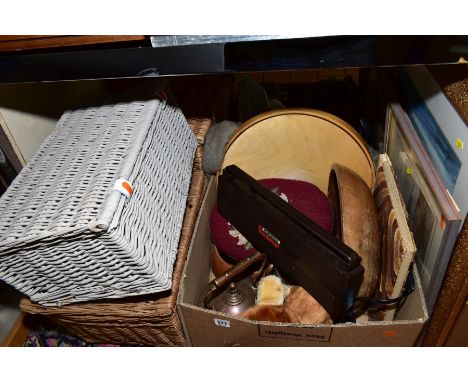 TWO BOXES AND LOOSE SUNDRY ITEMS, WICKER BASKETS, PICTURES ETC, to include tapestry footstool, copper kettle, Bontempi Diamon