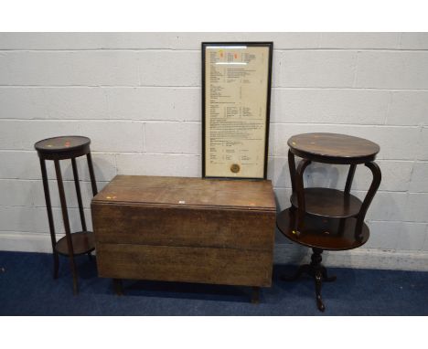 A GEORGIAN OAK GATE LEG TABLE, open length 143cm x closed 47cm x depth 107cm x height 71cm, together with a framed print of a