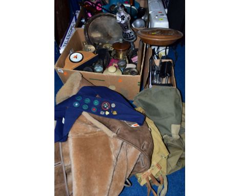 TWO BOXES AND LOOSE METALWARES, COSTUME, etc, including a child's telescope, boxed, a Singer electric sewing machine, an Engl