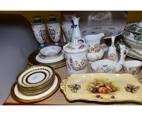 AYNSLEY 'COTTAGE GARDEN', to include a pedestal cake plate, vases, biscuit barrel, water jug and trinkets, 'Orchard Gold' rec