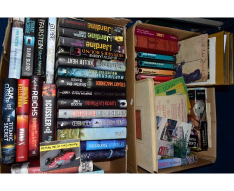 TWO BOXES OF BOOKS, to include Jonathan Cash novels, Quintin Jardine, Lynda Le Plante, Clive Cussler etc, famous trials  by t