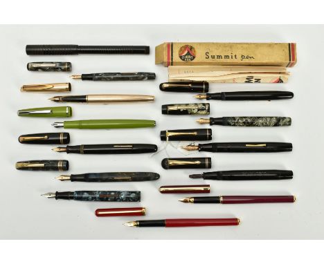 A COLLECTION OF VINTAGE FOUNTAIN PENS, including a Mabie Todd Swan Self Filler 3160 in black and 3260 in black, two Unique on