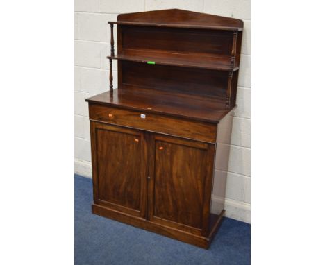 A VICTORIAN MAHOGANY CHIFFONIER with a two tier raised back supported on turned columns, a long single drawer above a double 